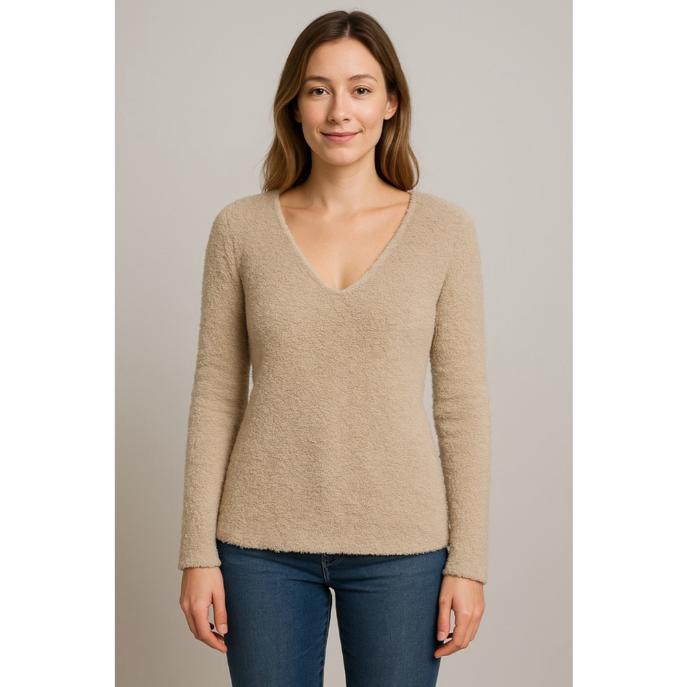 Barefoot Dreams CozyChic V-Neck Sweater Taupe Beige Soft Plush Women's Size M